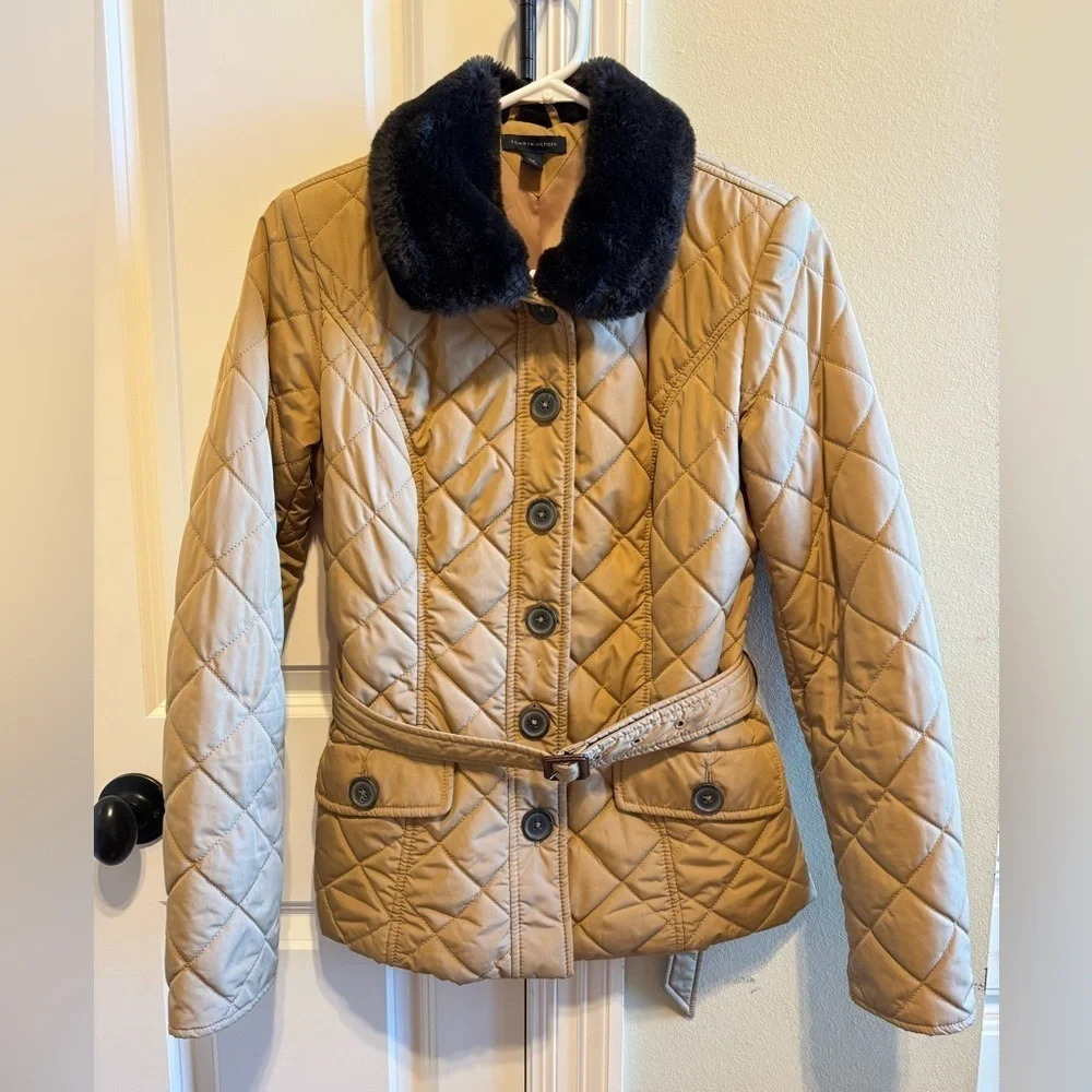 Tommy Hilfiger Brown Belted Jacket Faux Fur Collar Belt Pocket Button Down Sz Sm